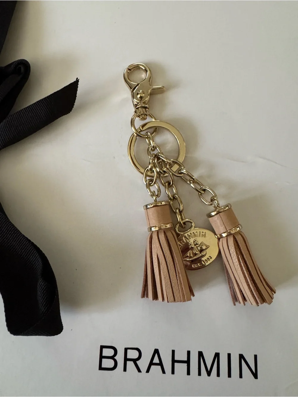 Brahmin Beige Tan Leather Double Tassel Key Fob with Gold-Tone Hardware